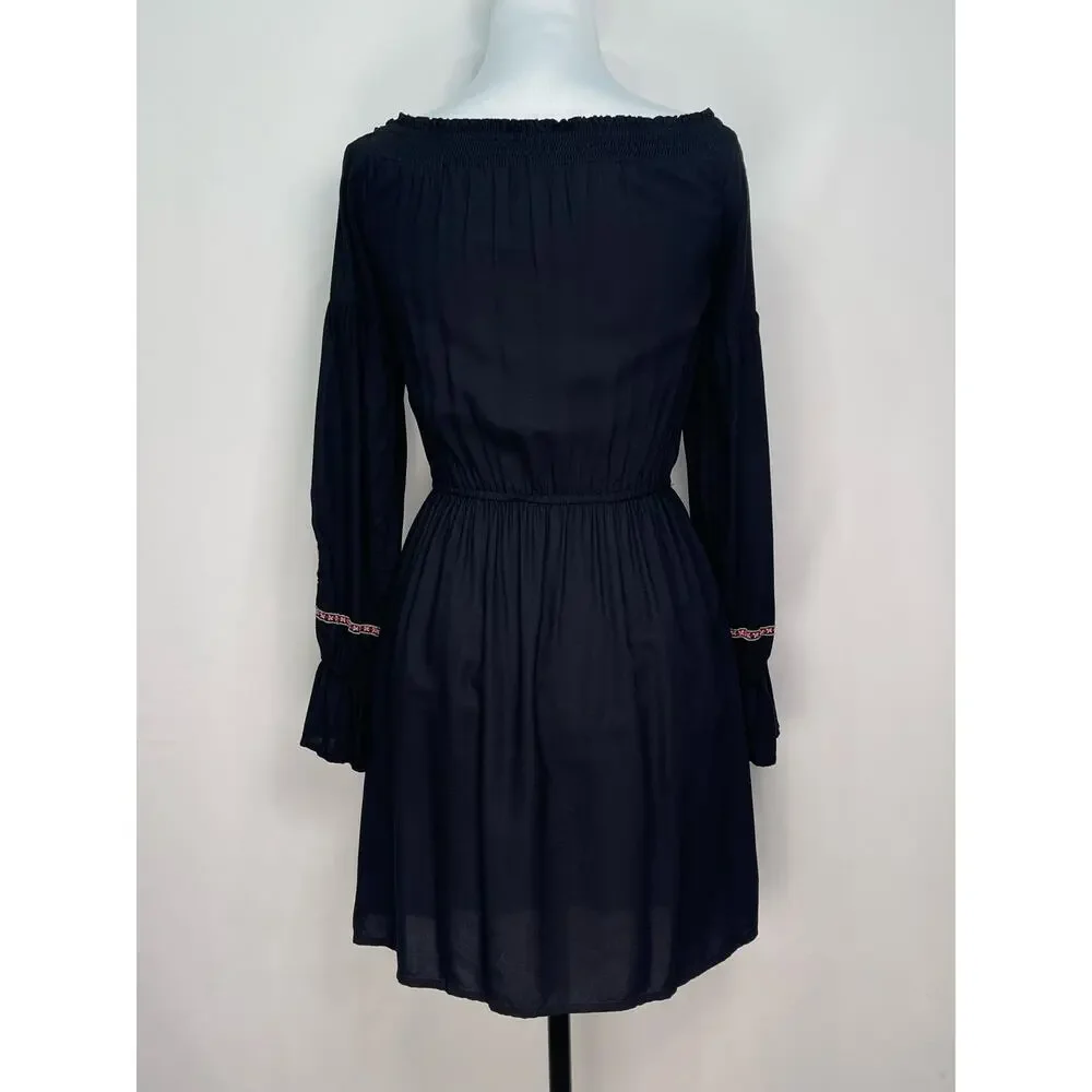 Hollister Size XS Black Floral Embroidered Long‑Sleeve Babydoll Dress - Picture 5 of 13